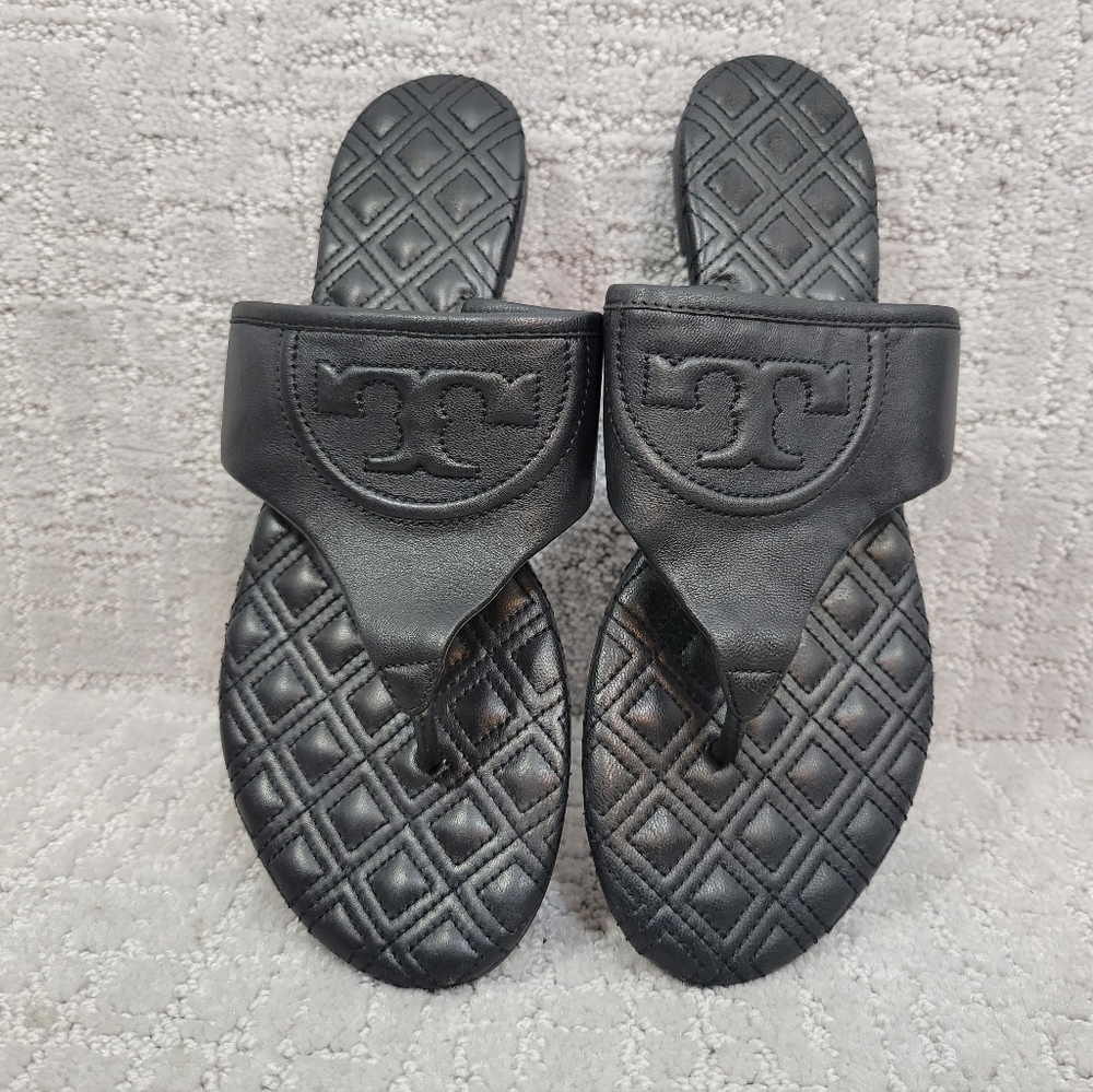 Tory Burch FLemming Women's Size 7.5 Black Quitted Leather Flip Flop Sandals